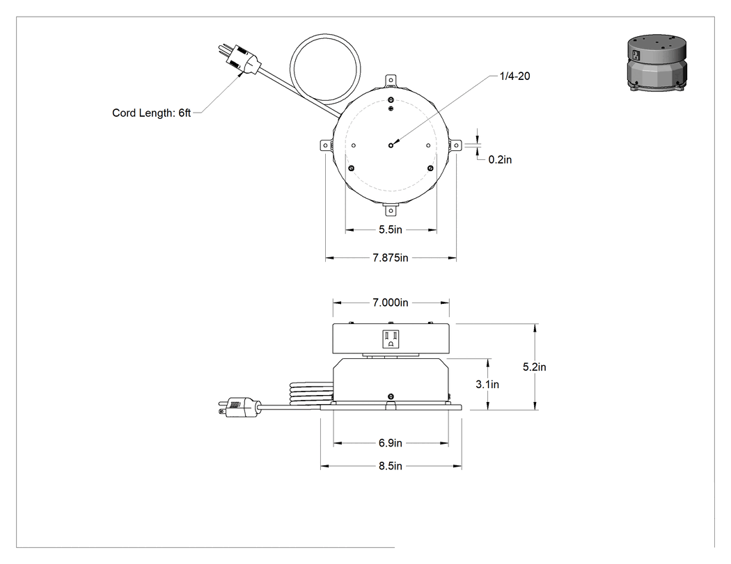 Teknik Çizim - Elektrikli Konumlandırma Döner Tablası, 100 lb. Kapasite, 7" Dış Çap
