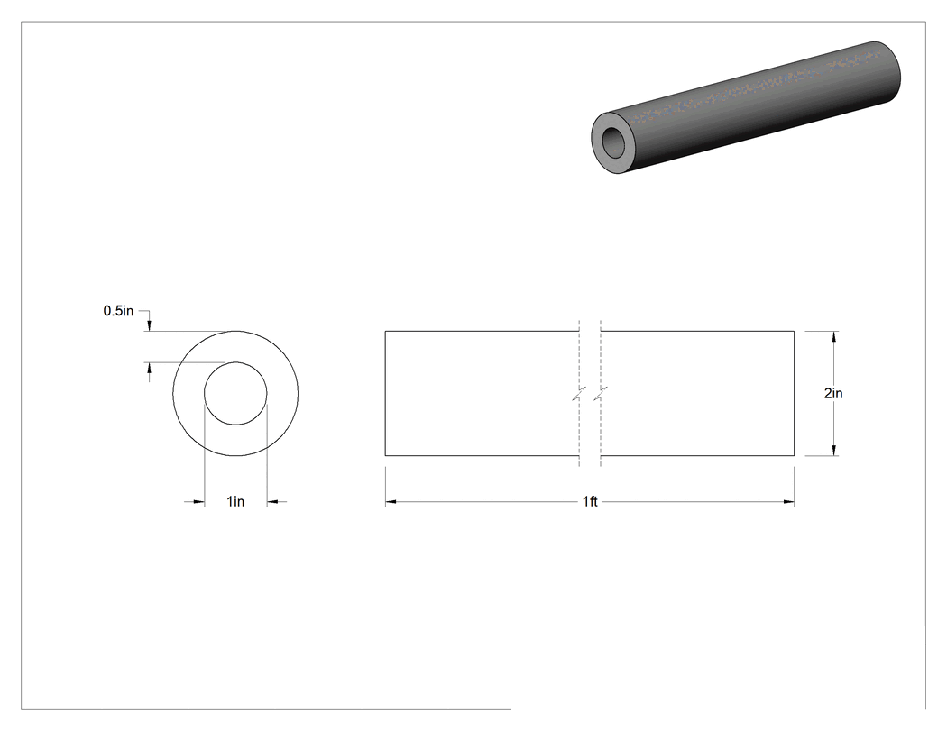 Teknik Çizim - Isıya Dayanıklı, Aşınmaya Dirençli Döküm Naylon Boru, Kolay İşlenebilir, 1/2" Duvar Kalınlığı, 2" Dış Çap, 1 Fit Uzunluğunda
