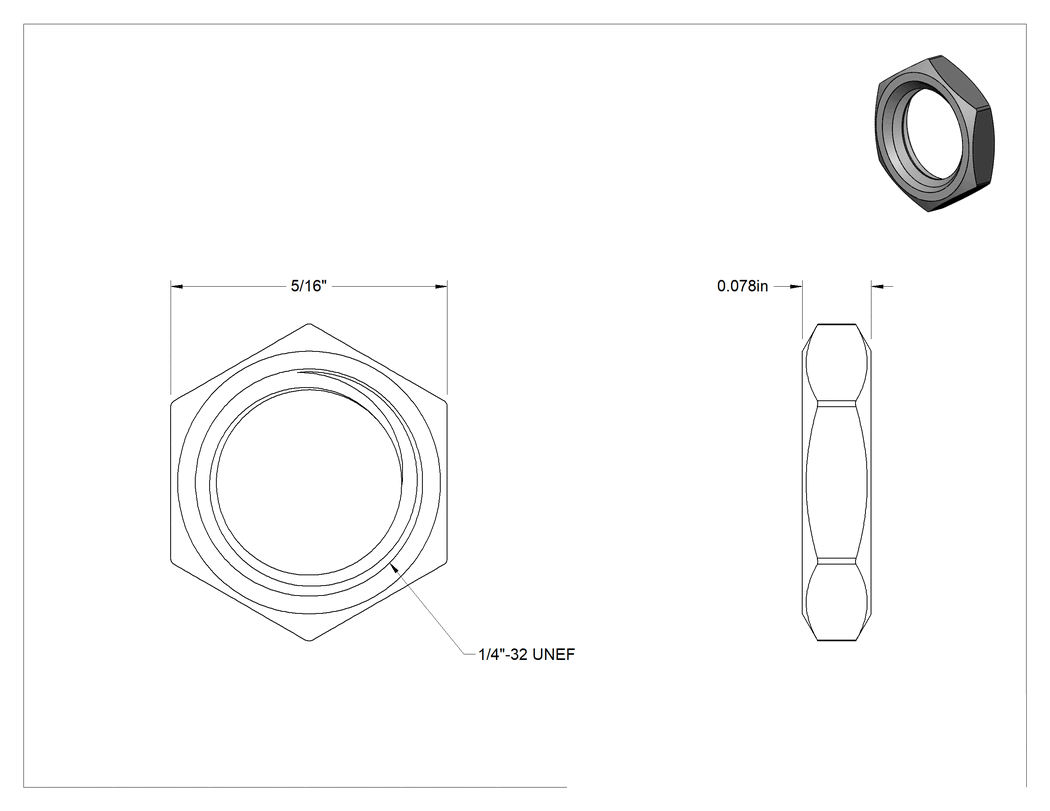 Teknik Çizim - Altıgen Panel Somunu, Nikel Kaplı Pirinç, 1/4"-32 UNEF, 5/16" Genişlik