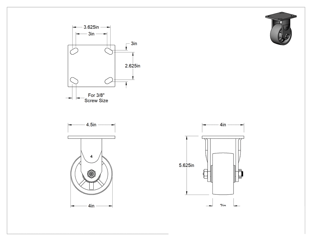 Teknik Çizim - 4-1/2" x 4" Montaj Plakalı Samson Tekerlek, 4" Çapında Polipropilen Tekerlekli Sert, Açık Rulman