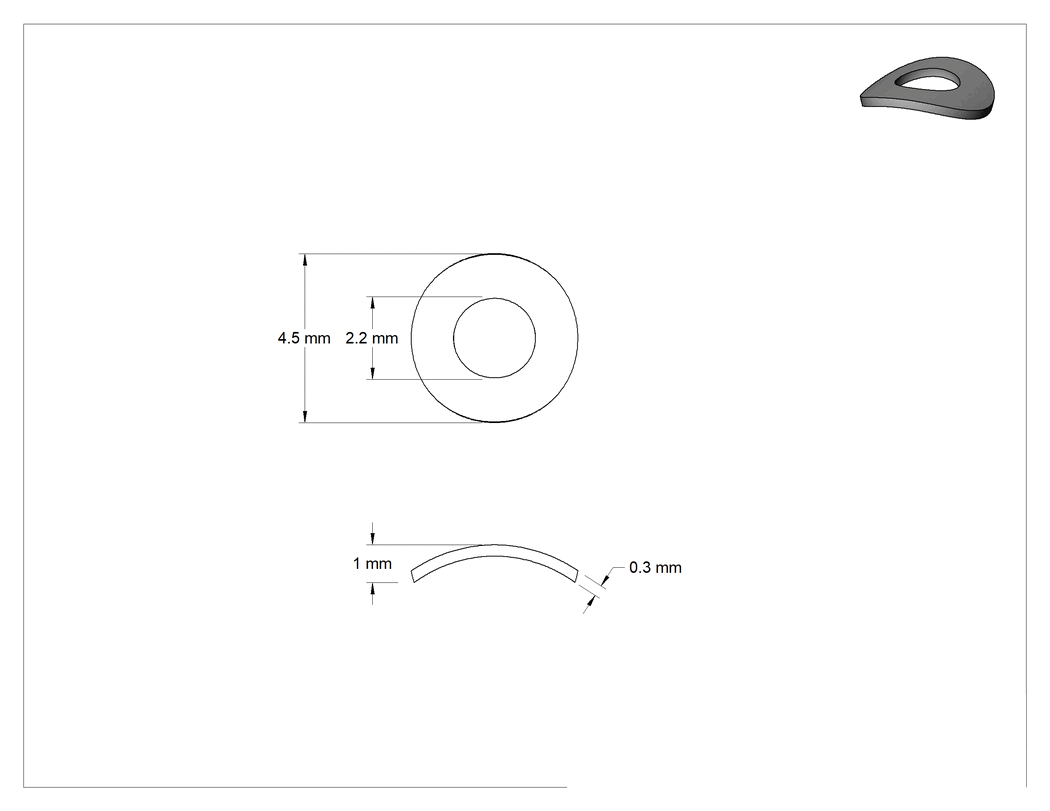 Teknik Çizim - Çinko Kaplı Çelik Kavisli Yaylı Kilit Pulları, M2 Vida Boyutu için, 2.2 mm İç Çap, 4.5 mm Dış Çap