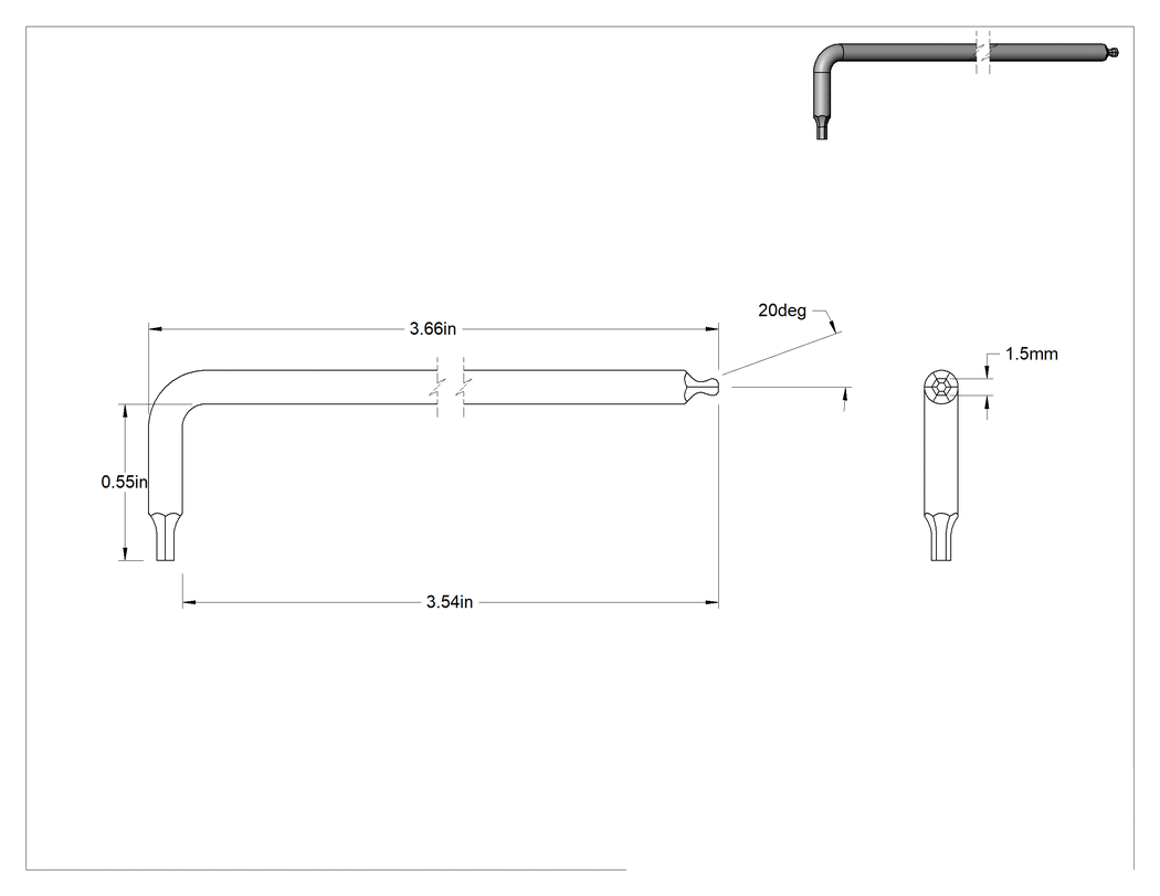 Teknik Çizim - Paslanmaz Çelik Açılı Tahrikli Top Uçlu Altıgen L Anahtarı, 1.5 mm Tahrik Boyutu, 3-9/16" Toplam Uzunluk