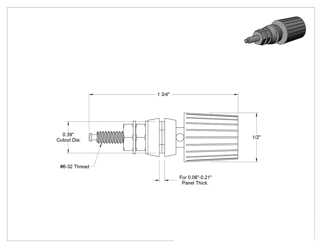 Teknik Çizim - Panel İçinden Montajlı Bağlantı Pimi, 0.06"-0.21" Kalınlıkta Panel için, Tek Yivli, Siyah