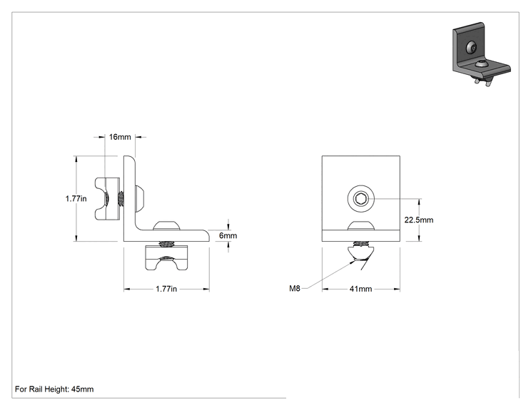 Teknik Çizim - 1.5 inç ve 40 mm Yüksekliğinde Raylı T-Yivli Çerçeve için Masa Üstü Braketi