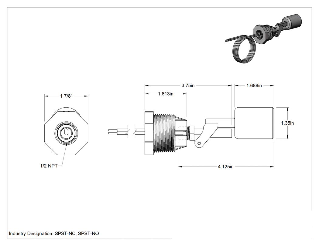 Teknik Çizim - Yakıtlar ve Yağlar için Yatay Montajlı Şamandıra Anahtarı, PPS Gövde, 1-1/4 NPT Erkek, SPST-NO/NC