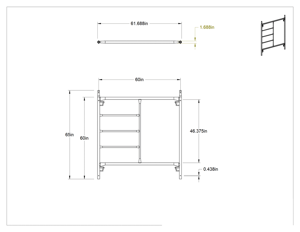Teknik Çizim - İskele için Merdivenli 60" Yükseklikli Adımlı Uç Çerçeve