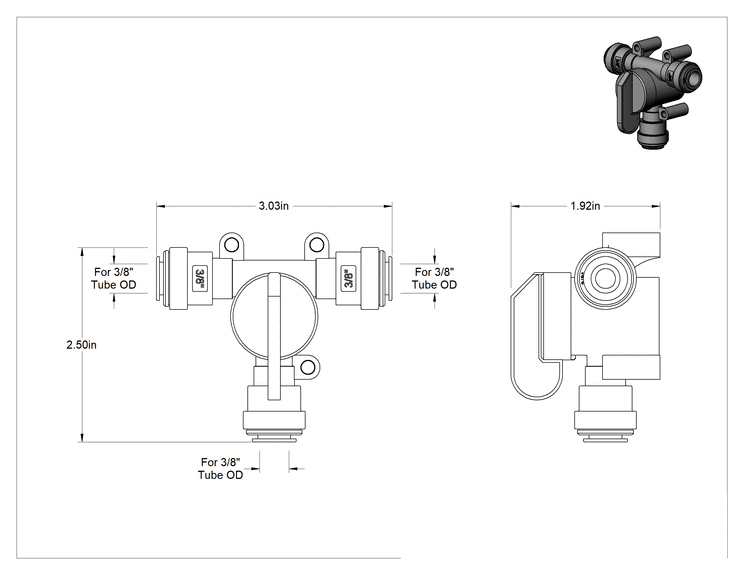 Teknik Çizim - Gıda ve İçecek için Açma/Kapama Vanası, Asetal Gövde, T, 3/8" Dış Çaplı Boru için İtmeyle Bağlanan