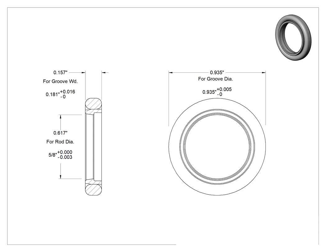 Teknik Çizim - Havalı Silindirler için Yastıklama Contası, Buna-N Kauçuk, 5/8" Çubuk Çapı için