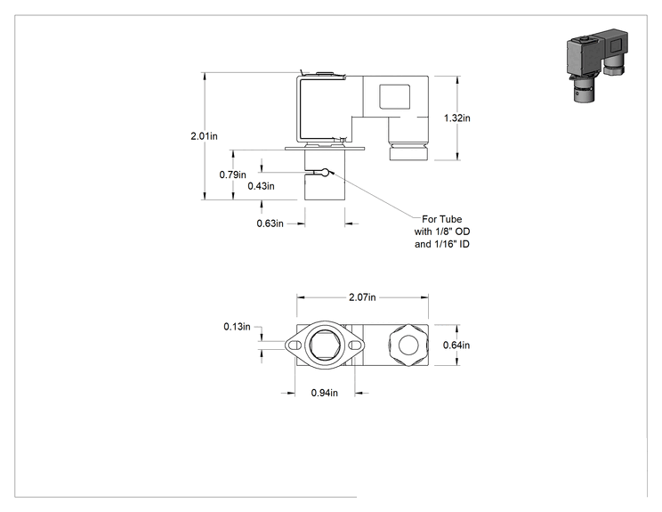 Teknik Çizim - Temassız Solenoid Açma/Kapama Valfi, 12V DC, 1/8" Dış Çap x 1/16" İç Çap Tüp