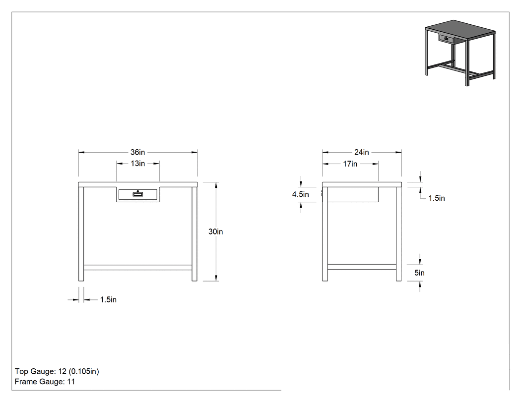 Teknik Çizim - Çelik Masa, Sabit, 1 Çekmeceli, 30 inç Yükseklik x 36 inç Genişlik x 24 inç Derinlik