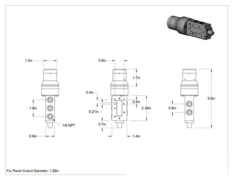 Teknik Çizim - Anahtarlı Hava Yön Kontrol Vanası, İki Hızlı İki Eylemli, 1/8 NPT Dişi Giriş x Çıkış