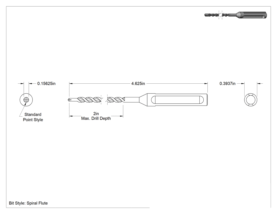 Teknik Çizim - Duvar ve Beton için Karbür Uçlu Matkap Ucu, SDS-Plus Şaft, Standart Uç, 5/32" Boyut, 4-5/8" Uzunluk