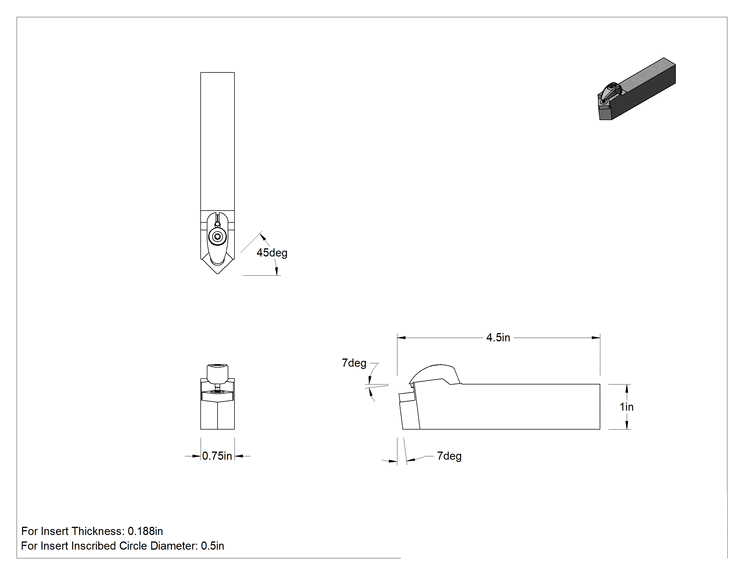 Teknik Çizim - Döner Karbür Uç Tutucu, Dsdn, Nötr, 1/2" İç Çaplı Daire için, 3/4" Genişlikte Şaft