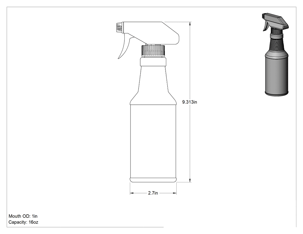 Teknik Çizim - HDPE Sprey Şişesi, 16 FL. oz. Kapasite, 9-5/8" Yükseklik