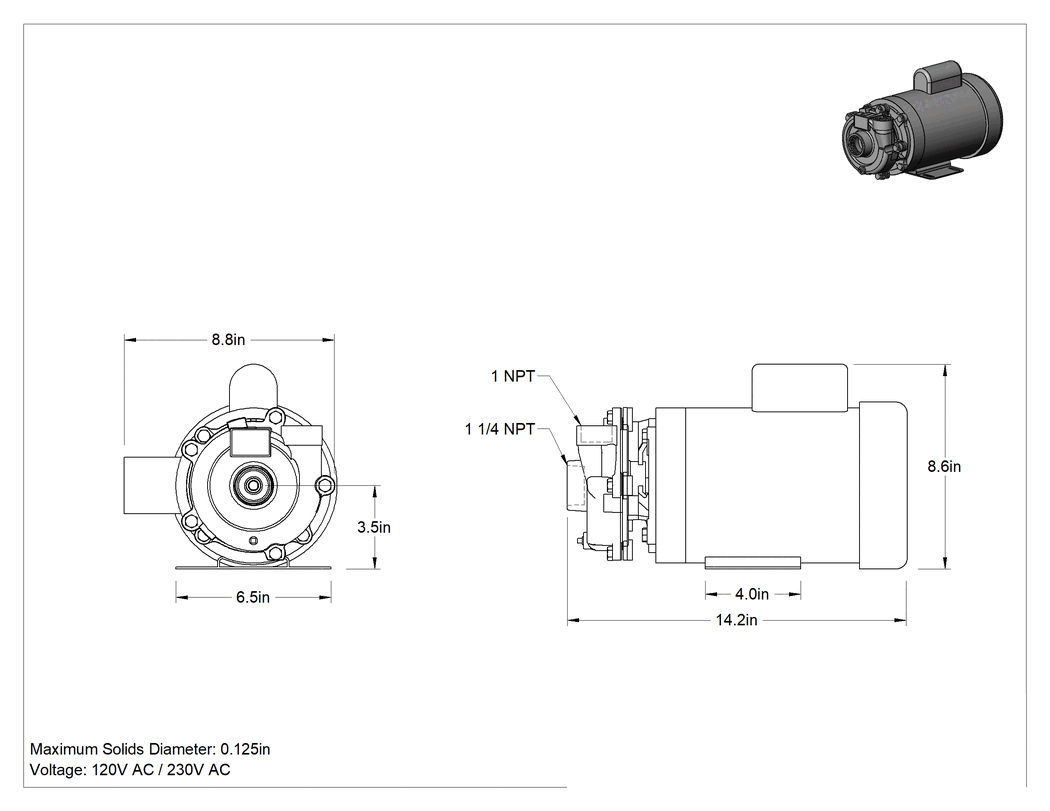 Teknik Çizim - Su ve Yağ Sirkülasyon Pompası, 120/230V AC, 1-1/2 hp