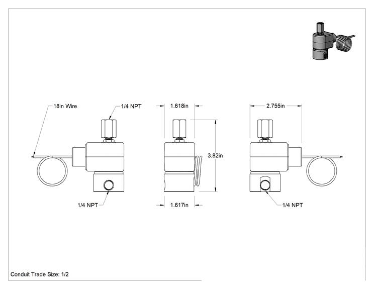 Teknik Çizim - Egzoz Portlu 430 Paslanmaz Çelik Kompakt Solenoid Valf, Normalde Kapalı, 24V DC, 1/4 NPT Dişi, 250 Maksimum PSI