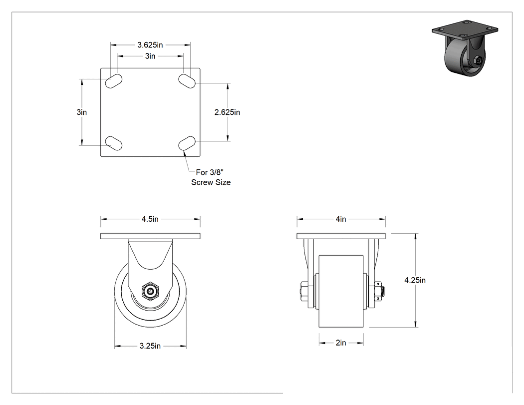Teknik Çizim - 4-1/2" x 4" Plakalı Yüksek Kapasiteli Spartan Tekerlek, 3-1/4" Çapında Açık Rulmanlı Metal Tekerlekli Sert