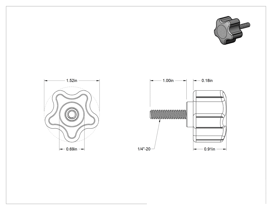 Teknik Çizim - Rahat Tutuşlu Plastik Beş Kollu Topuz, 1/4"-20 Dişli 1" Uzunlukta Saplama, 1-1/2" Genişlik Başlık