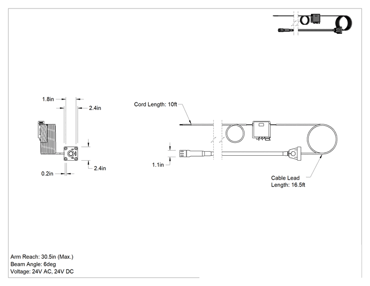 Teknik Çizim - Her Yöne Uygun Makine Işığı, Bağlantı Elemanı Montajı, 30-1/2" Kol Uzanma Mesafesi, 6 Derece Işın, 24V AC/DC