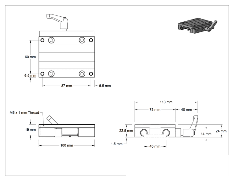 Teknik Çizim - Ekstra Geniş Kovanlı Yatak Taşıyıcı, Kilitleme, Alüminyum, 40 mm Genişlikte Yuvarlak Ray için, 100 mm Uzunluk