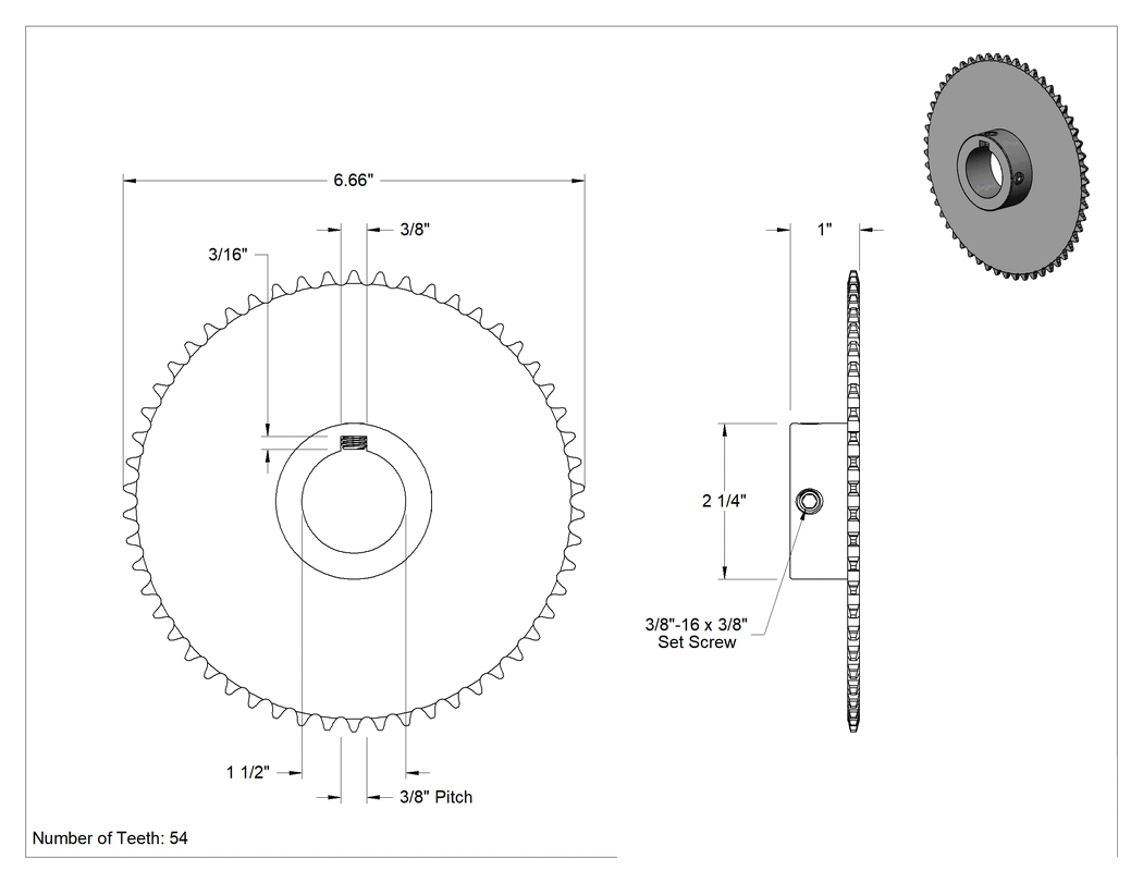 Teknik Çizim - Çelik Tek Sıralı Dişli, ANSI 35 Makaralı Zincir ve 1-1/2" Mil Çapı için, 54 Diş