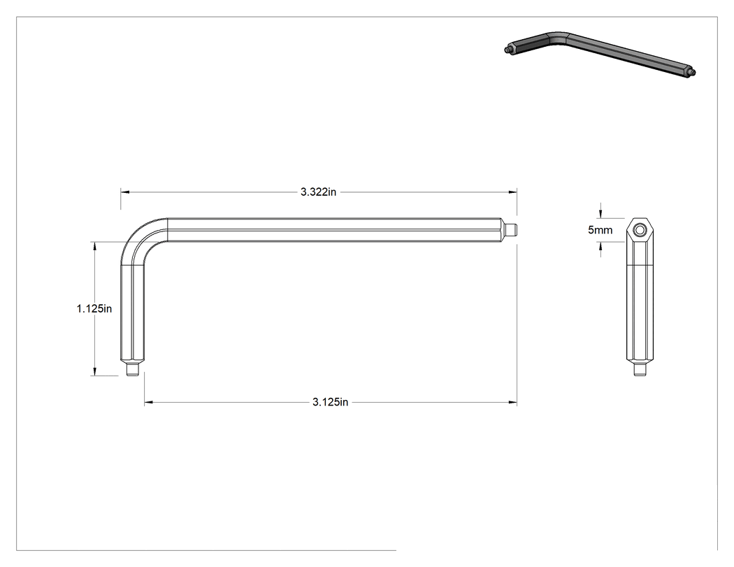 Teknik Çizim - Pilotlu Alaşımlı Çelik Altıgen L Anahtarı, Çinko Kaplamalı, 5 mm Tahrik Boyutu, 3-5/16" Toplam Uzunluk