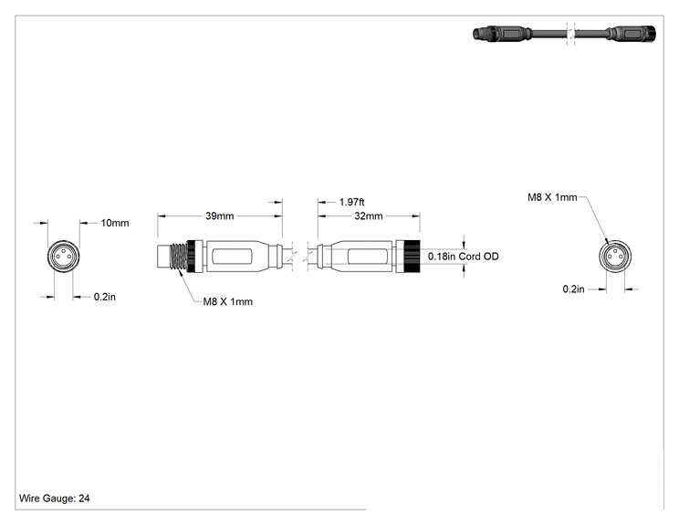 Teknik Çizim - Nano M8 Kablo, Fiş x Soket, 3 Kutup, 1-1/2 Fit Uzunluk