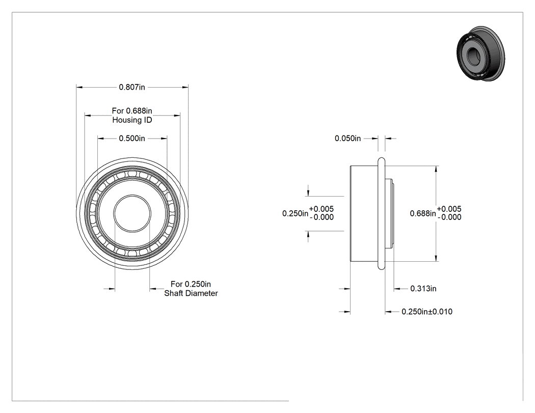 Teknik Çizim - Çelik Bilyalı Rulman, Flanşlı, Açık, 1/4" Mil Çapı ve 11/16" Muhafaza İç Çapı için