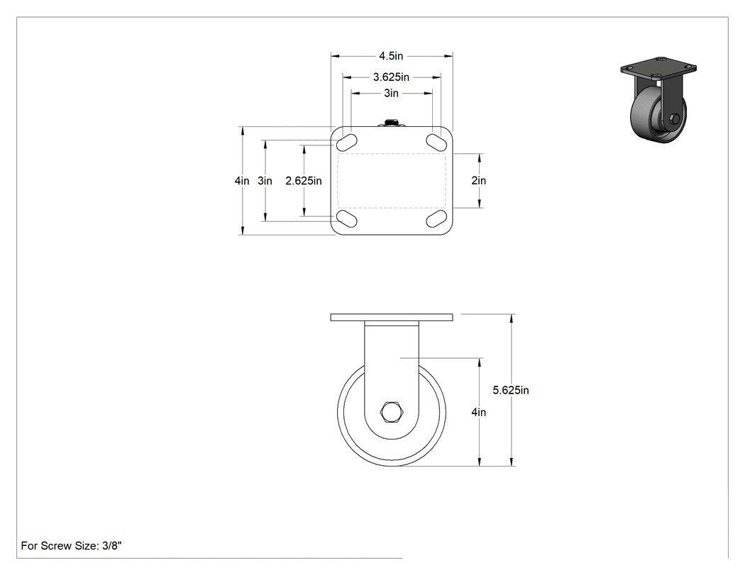 Teknik Çizim - Yüksek Kapasiteli Kingston Tekerlek, 4-1/2" x 4" Plaka, 4 inç Çapında Metal Tekerlekli Sert