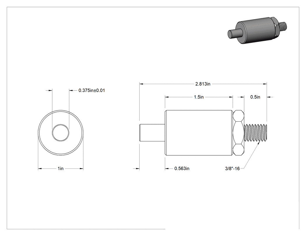 Teknik Çizim - 18-8 Paslanmaz Çelik Kaynaklı Geri Çekilebilir Yaylı İtici, Ek Tutamak, 3/8" Çap, 1-1/2" Namlu Uzunluğu