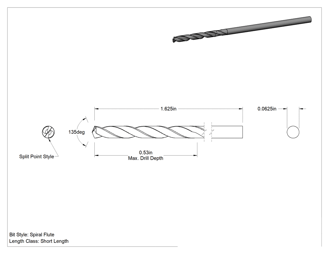 Teknik Çizim - Kobalt Çelik Matkap Ucu, Titanyum Nitrür Kaplı, 1/16" Boyut, 1-5/8" Toplam Uzunluk