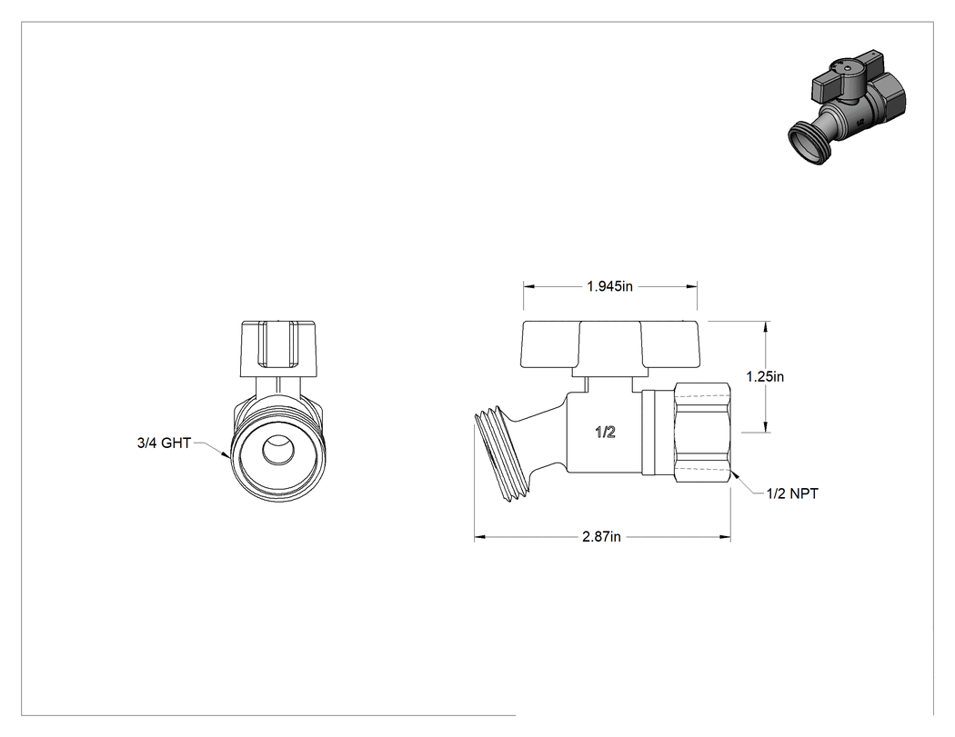Teknik Çizim - Pirinç Gövdeli Akış Ayar Valfi, Açma/Kapama Musluğu, 1/2 NPT Dişi Giriş, 1-1/4" Yükseklik