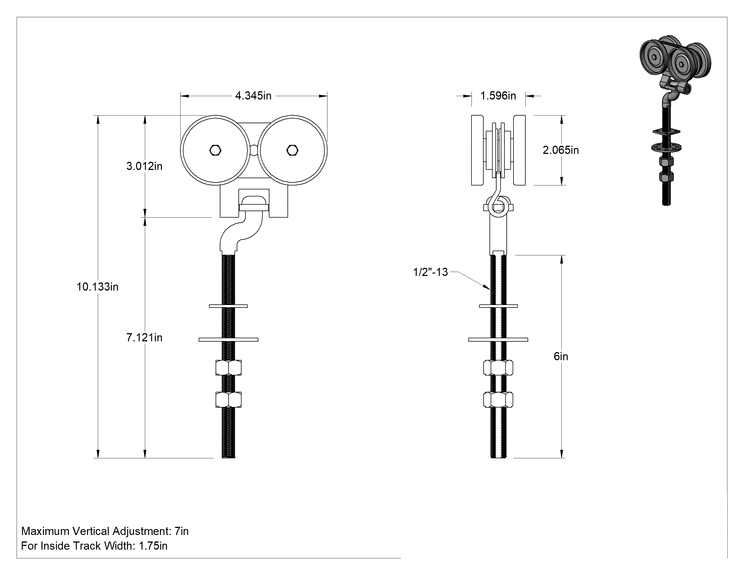 Teknik Çizim - Cıvatalı Kaplamalı Çelik Ofset Askı, 10-1/8" Yükseklik, Kapılar için Makaralı Ray için