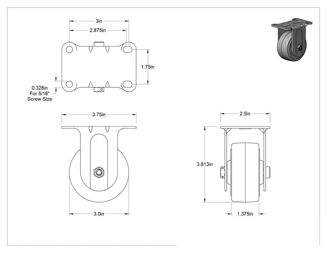 Teknik Çizim - Statik Kontrol Plakalı Tekerlek, 3 inç x 1-3/8 inç Siyah Çekirdek Üzerine Lastik Tekerlekli Sert