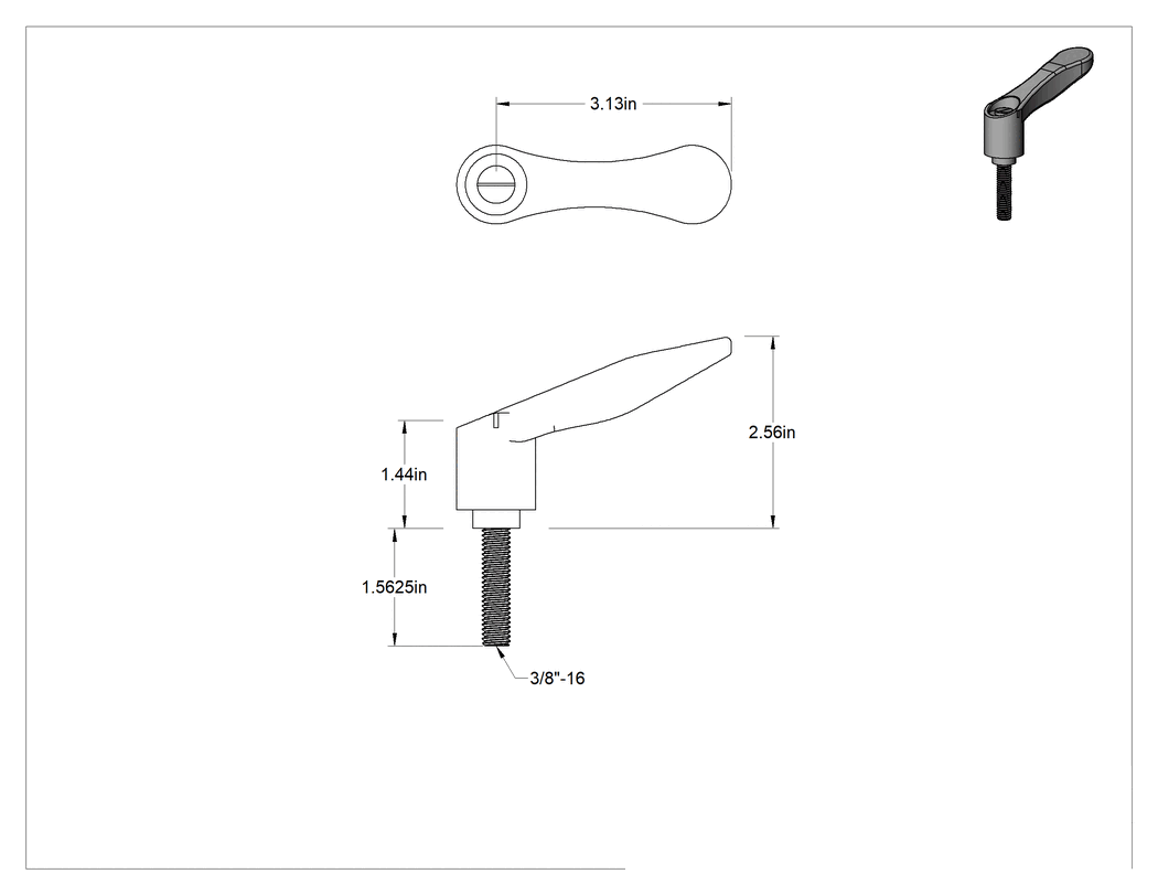Teknik Çizim - Rahat Tutuşlu Naylon Ayarlanabilir Tutamak, 3/8"-16 Dişli 1-9/16" Uzunlukta Saplamalı