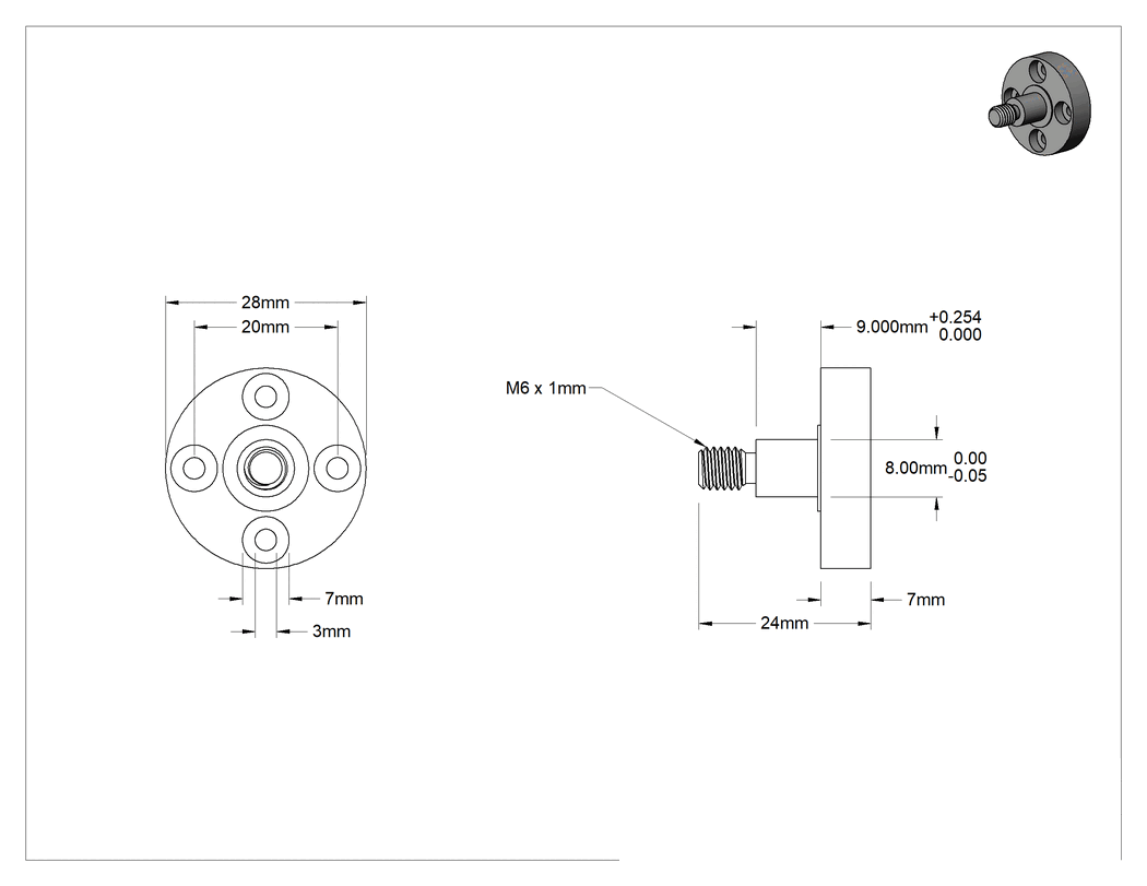 Teknik Çizim - Avara Döner Mil, Flanş Montajı, Çinko Kaplamalı 1215 Karbon Çelik, 8 mm Çap