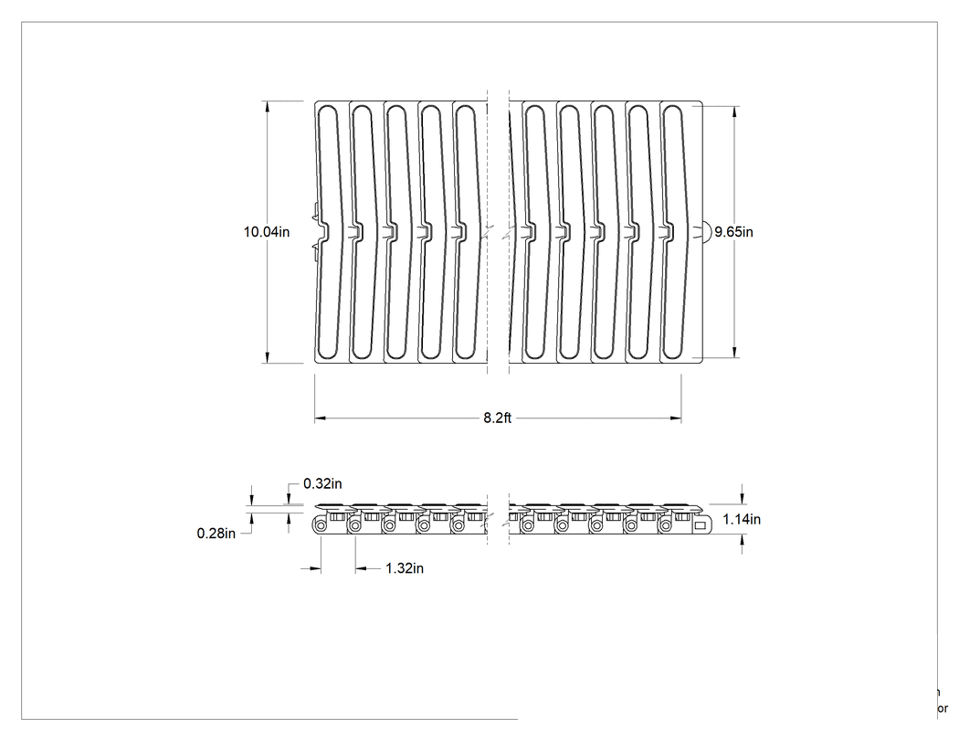 Teknik Çizim - Modüler Mini Zincirli Konveyör için Pürüzlü Yüzeyli 10.25" Genişlik x 7.5' Uzunlukta Kayış
