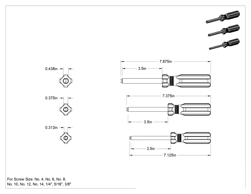 Teknik Çizim - 3 Parça Tek Yönlü Vida Çıkarıcı Seti