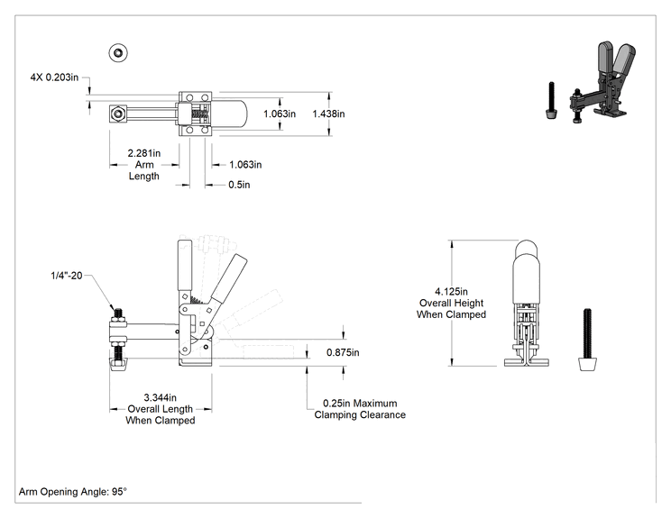 Teknik Çizim - Kilitleme Kolu ile Sabitleme Mandalı, Açık Kol, 375 lbs. Kapasite, 1/4" Sıkıştırma Boşluğu, Çelik