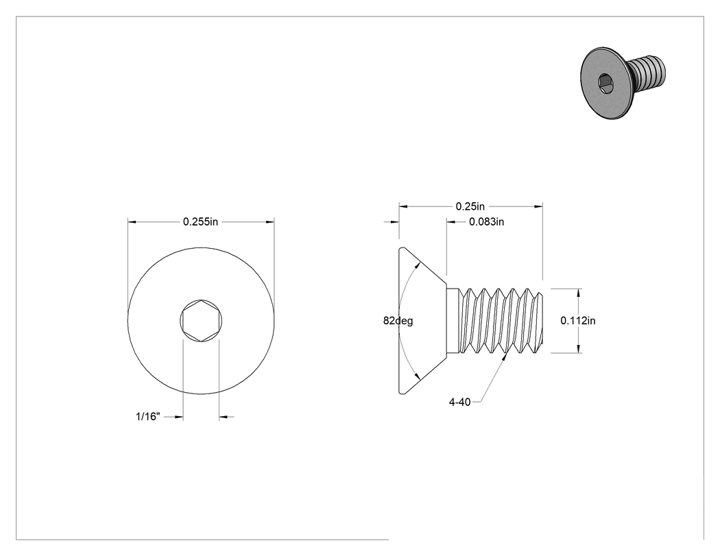 Teknik Çizim - Sol Dişli 18-8 Paslanmaz Çelik Altıgen Soketli Havşa Başlı Vida, 4-40 Diş Boyutu, 1/4" Uzunluk