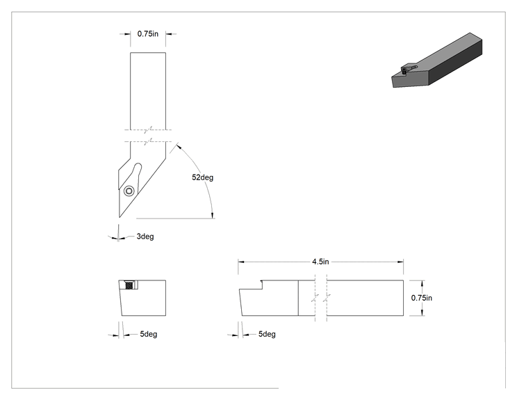 Teknik Çizim - Döner Karbür Uç Tutucu, SVJB, Sol Yönlü, 3/8" iç çember çapı için, 3/4" Şaft Genişliği
