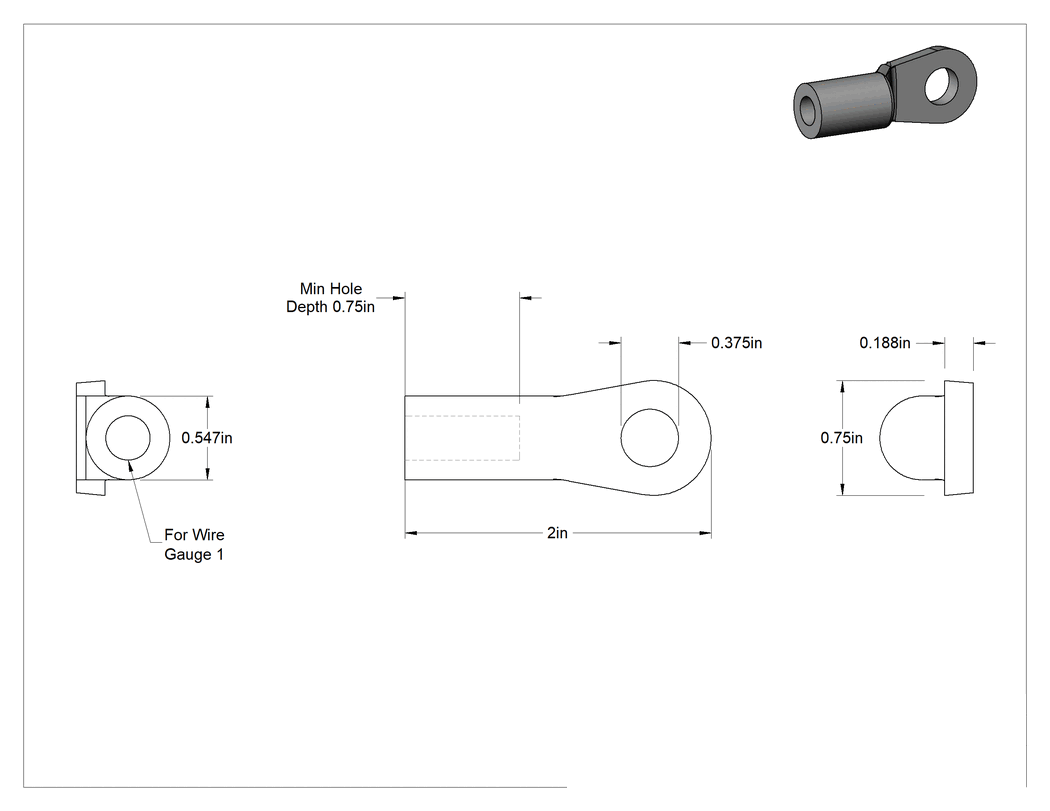 Teknik Çizim - Pil Terminali Konektörü, 3/8" Ağır Hizmet Tipi Lug, Sıkma, 1 AWG