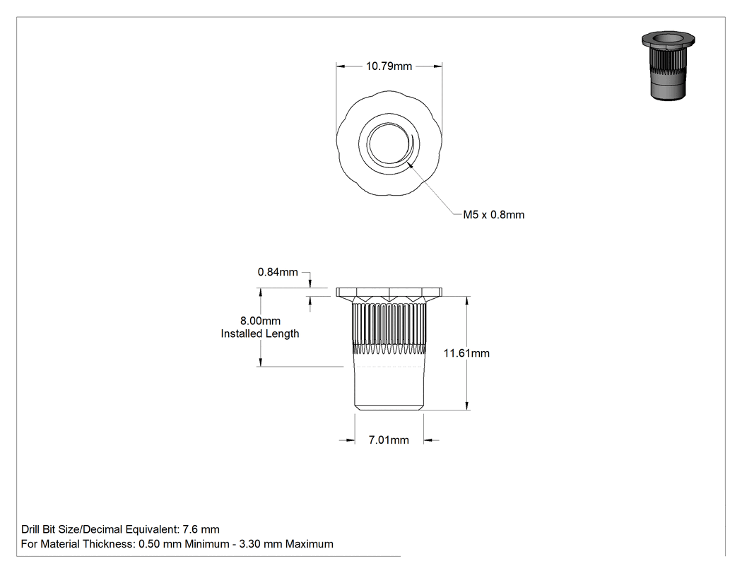 Teknik Çizim - Yumuşak Malzemeler için Bükülmeye Dayanıklı Perçin Somunları, M5 x 0.8 mm Diş, 0.5 mm ila 3.3 mm Malzeme Kalınlığı için