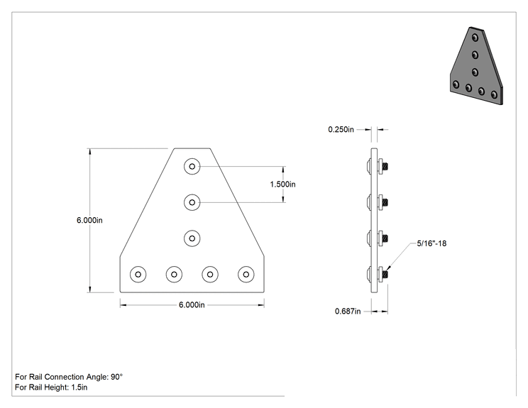 Teknik Çizim - T-Yivli Çerçeve Yapısal Braket, 1-1/2" Yüksekliğinde Ray için T Yüzey Braketi, 6 inç Uzunluk, Siyah