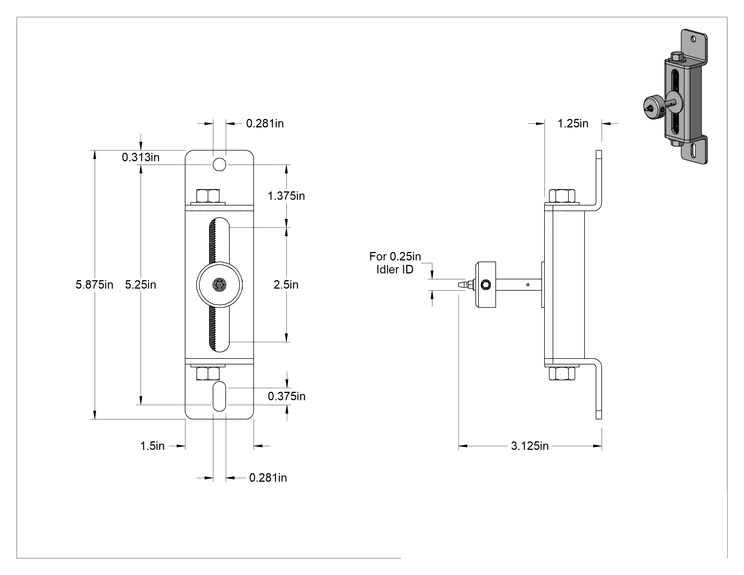 Teknik Çizim - Ayarlanabilir Vidalı Makaralı Zincir ve Kayış Gergisi, 1/4" Avara İç Çapı için