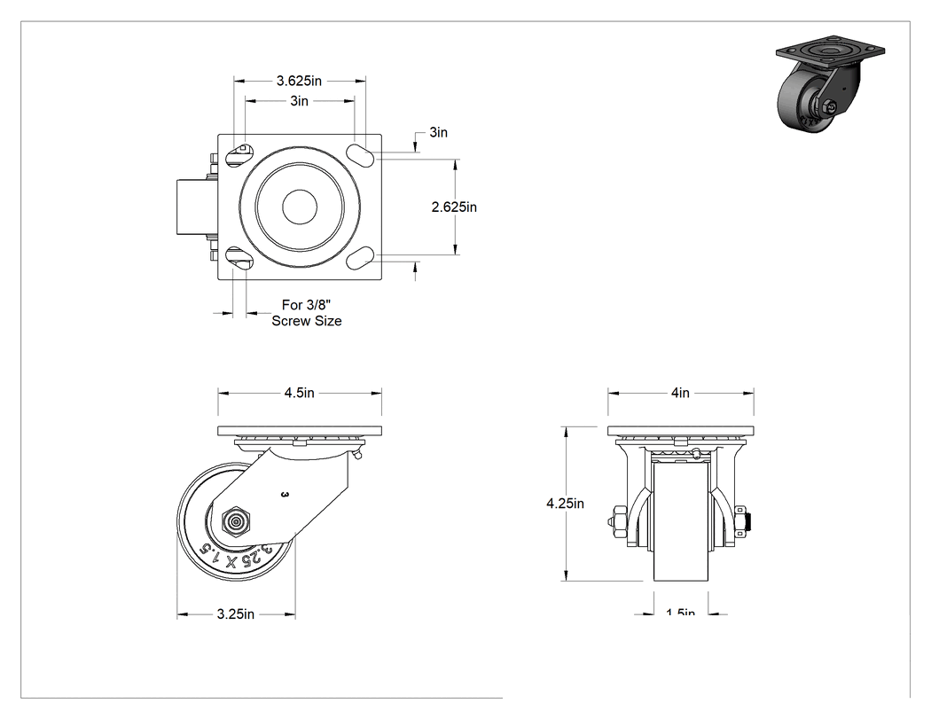 Teknik Çizim - 4-1/2" x 4" Montaj Plakalı Samson Tekerlek, 3-1/4" Çapında Metal Tekerlekli Döner Tekerlek