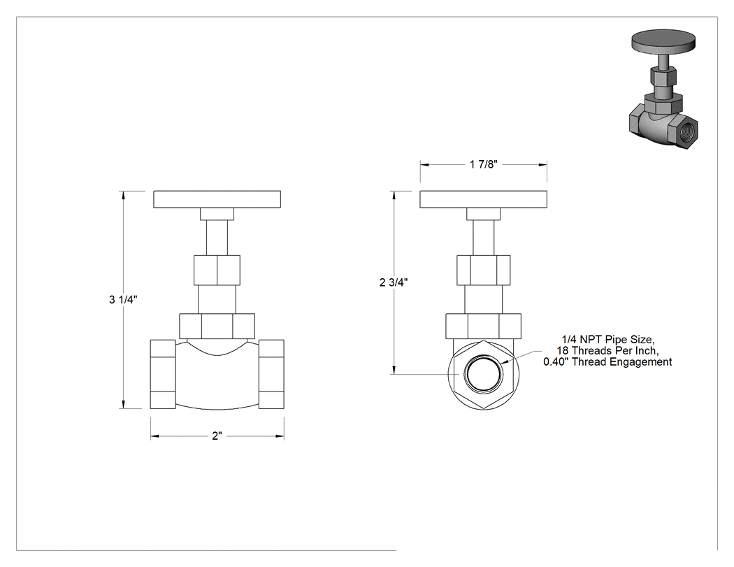 Teknik Çizim - Düşük Basınçlı Bronz Akış Ayar Valfi, Su için, 1/4 NPT Dişi