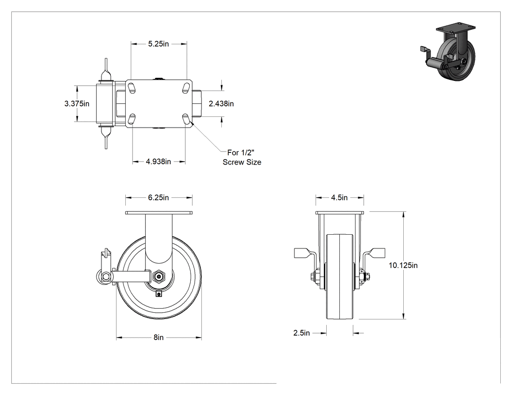 Teknik Çizim - 6-1/4" x 4-1/2" Plakalı Viking Tekerlek, Frenli ve 8 inç Çapında Poliüretan Tekerlekli Sabit