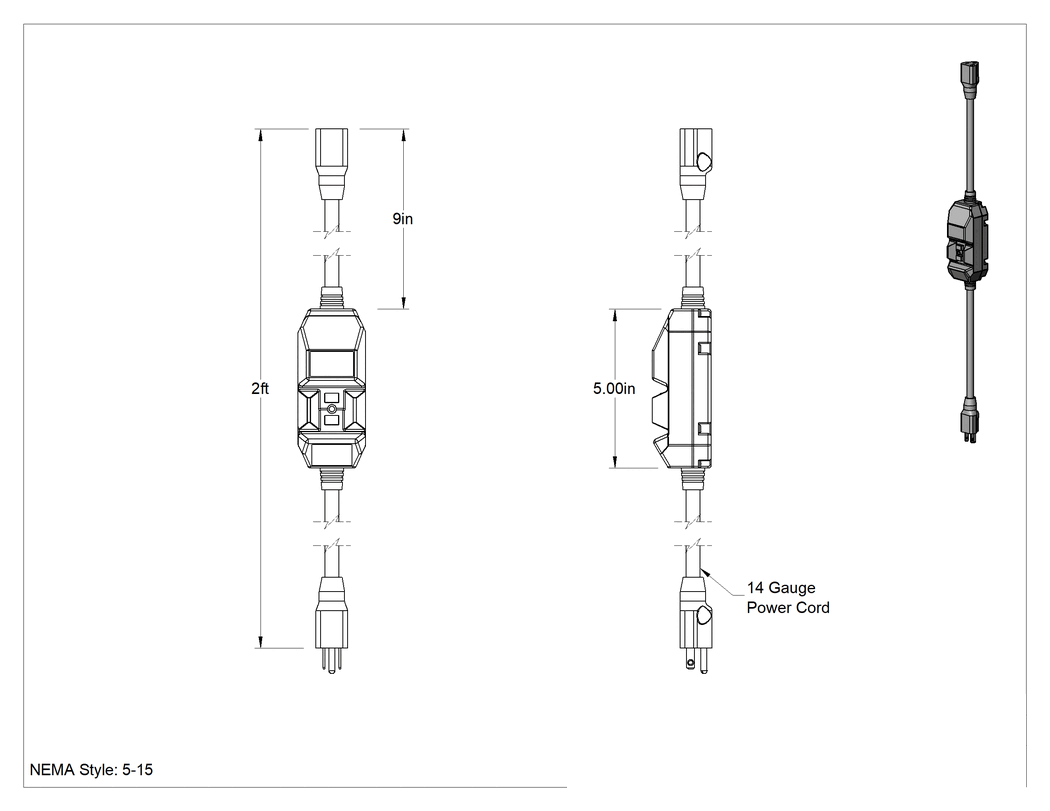 Teknik Çizim - GFCI Uzatma Kablosu, Güç Işıklı, NEMA 5-15 Fiş ve Prizli Sıralı, 2 ft Uzunluk