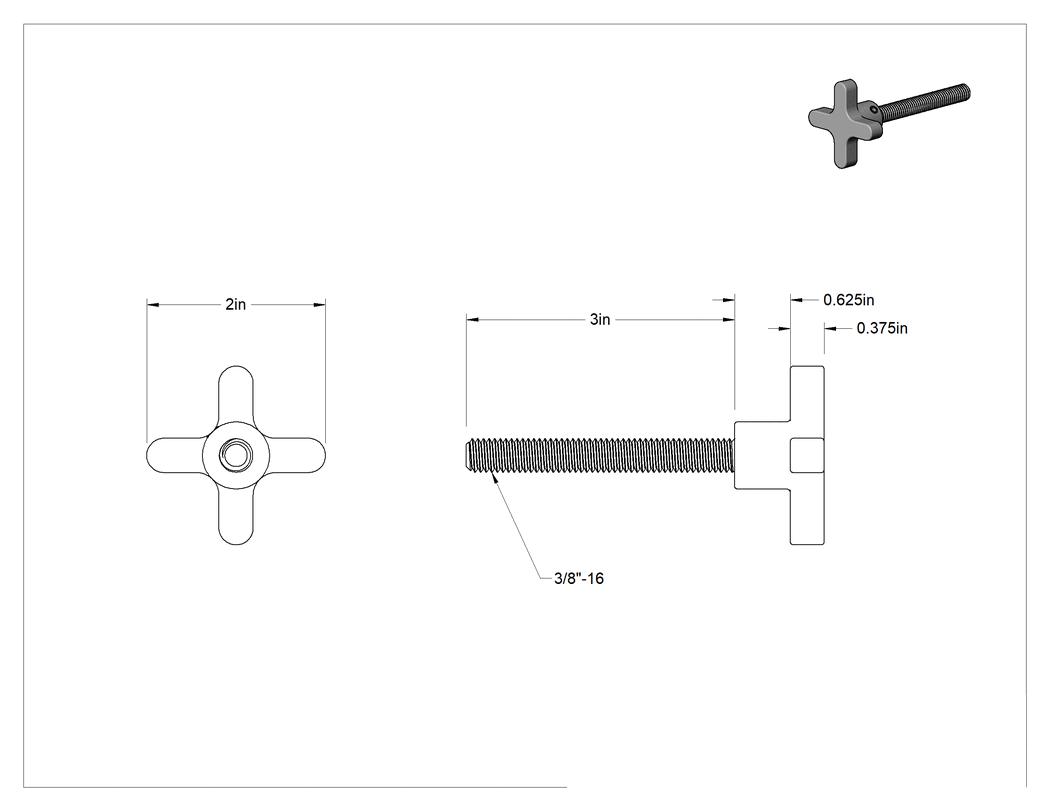 Teknik Çizim - Alüminyum dört kollu topuz, 3/8"-16 Dişli 3" Uzunlukta Saplama, 2" Genişlikte Başlık